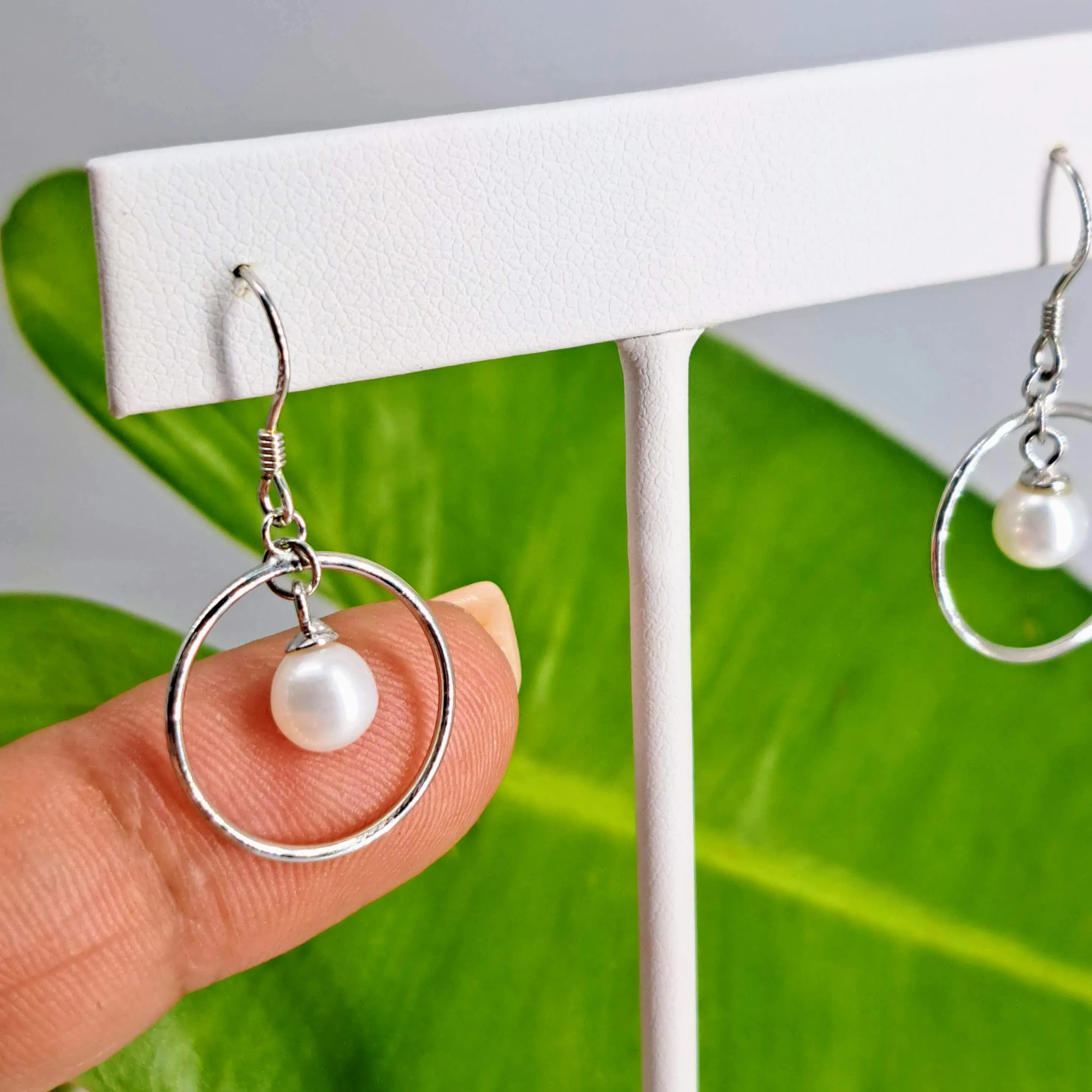 "Pearl Hoop Drop" 1" Earrings - Pearls, Sterling