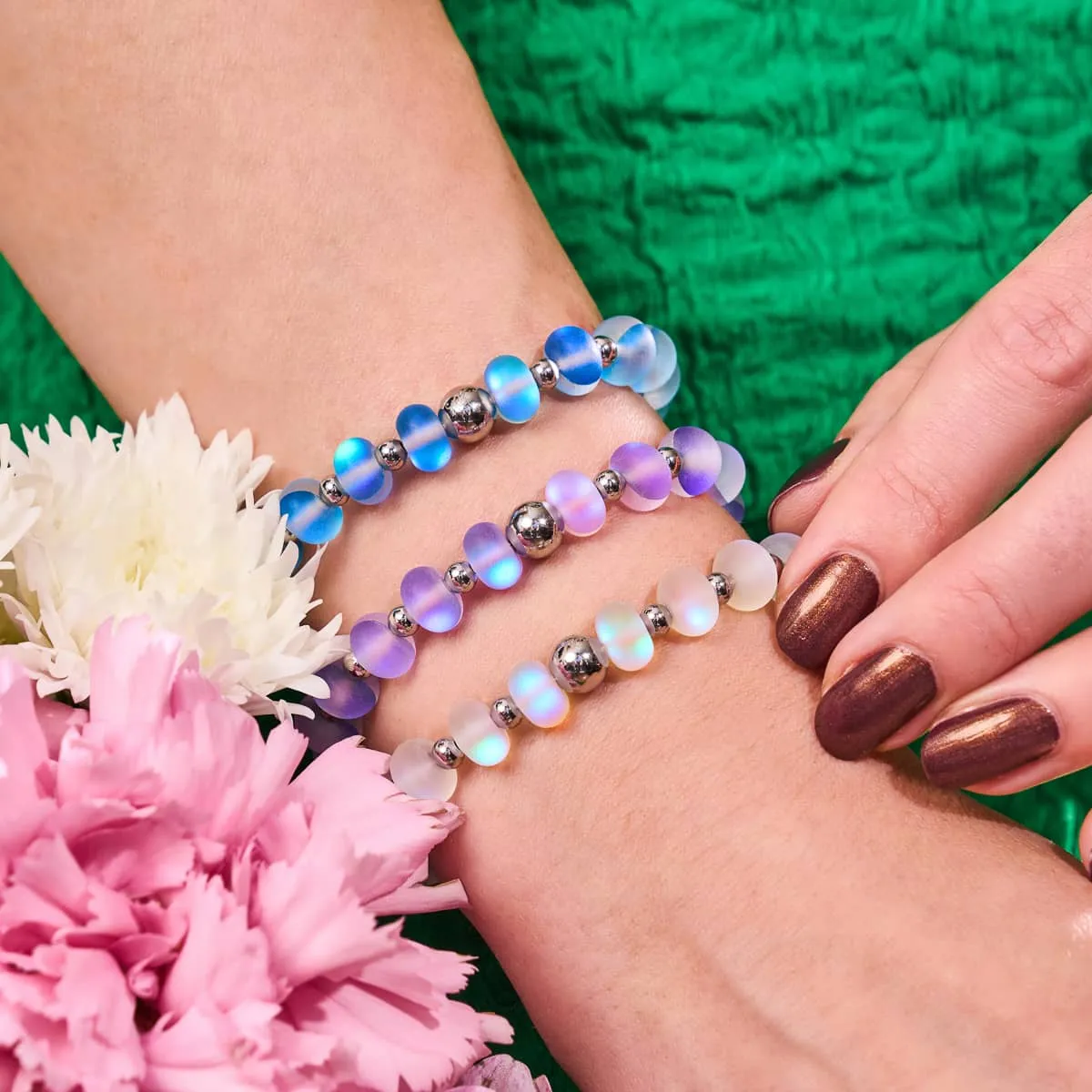 Rainbow White | Silver | Mermaid Glass Macaron Bracelet