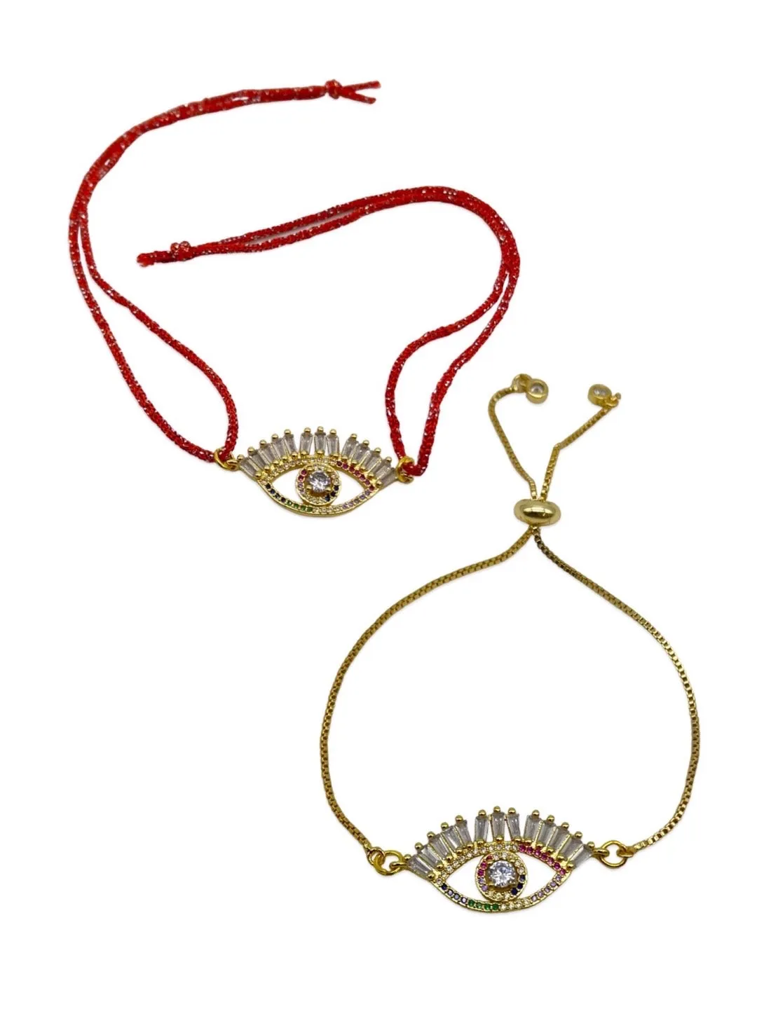 (Rakhi Set of 2) American Diamond Evil Eye Charms Designer Gold Bracelet & Rakhi For Bhabhi-Brother