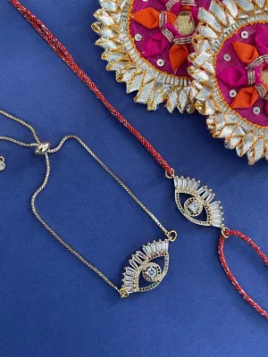 (Rakhi Set of 2) American Diamond Evil Eye Charms Designer Gold Bracelet & Rakhi For Bhabhi-Brother