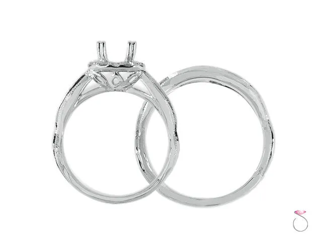 Rectangular Diamond Halo Engagement Ring Set in 14K