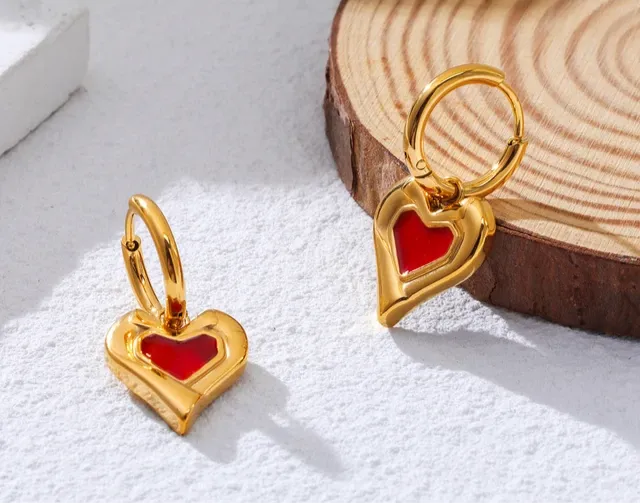 Red Enamel Heart Charm Hoop Earrings