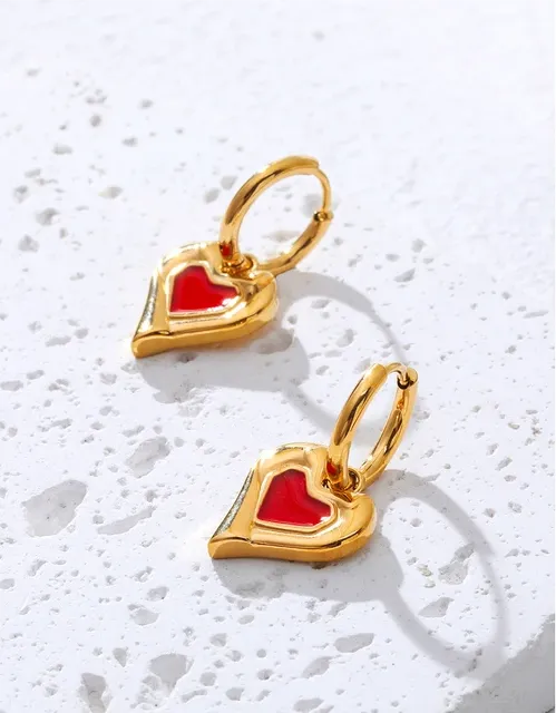 Red Enamel Heart Charm Hoop Earrings