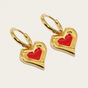 Red Enamel Heart Charm Hoop Earrings