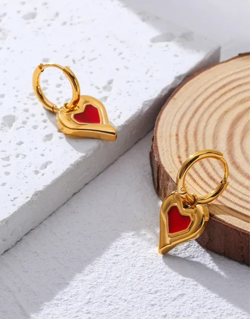 Red Enamel Heart Charm Hoop Earrings