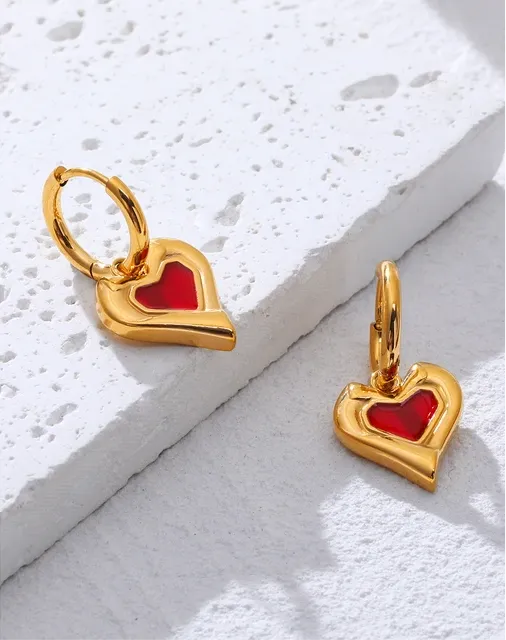 Red Enamel Heart Charm Hoop Earrings