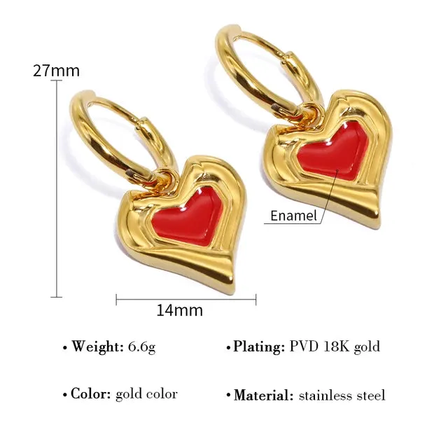Red Enamel Heart Charm Hoop Earrings