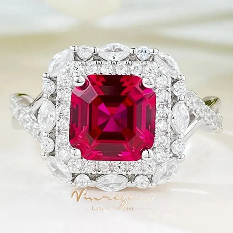 Red Ruby Gemstone Ring 925 Sterling Silver For Women Wedding Fine Jewelry