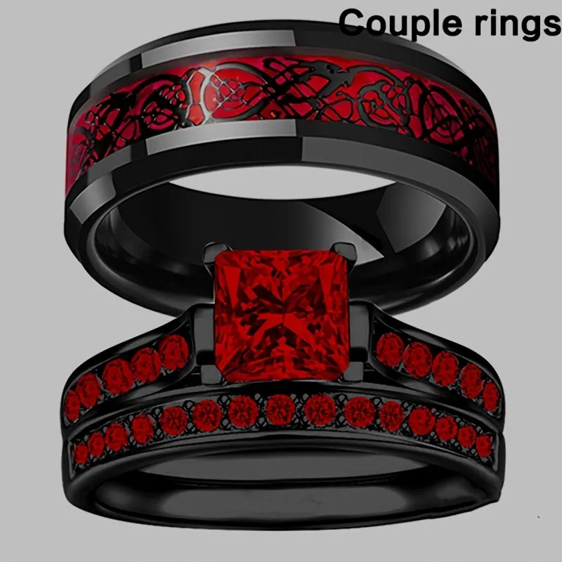 Red Square Zircon Wedding Rings Stainless Steel Red Carbon Fiber Celtic