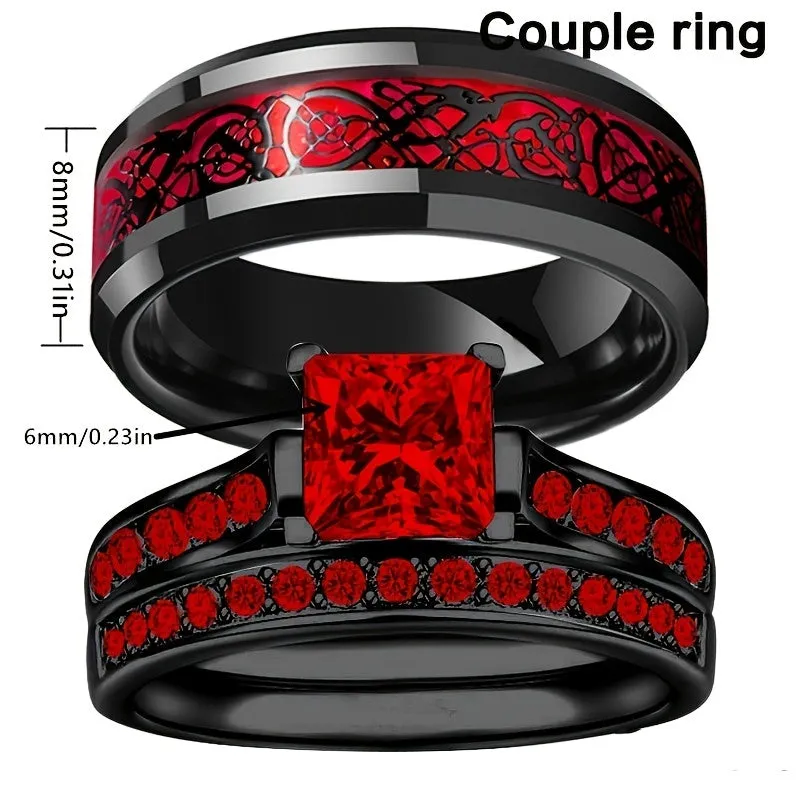 Red Square Zircon Wedding Rings Stainless Steel Red Carbon Fiber Celtic