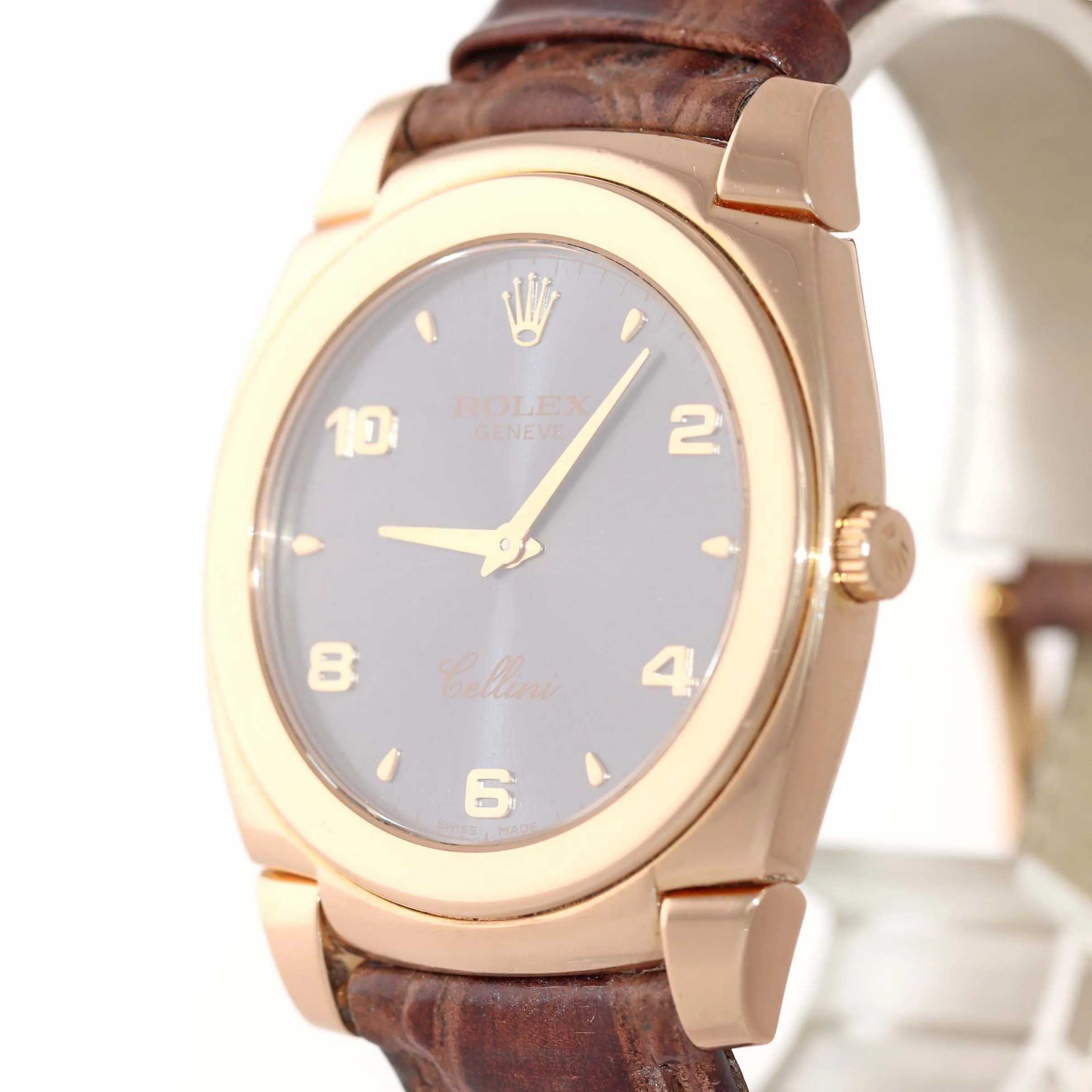 Rolex 5330 Cellini Danaos 18k Rose Gold Blue Grey Dial Brown Leather Watch