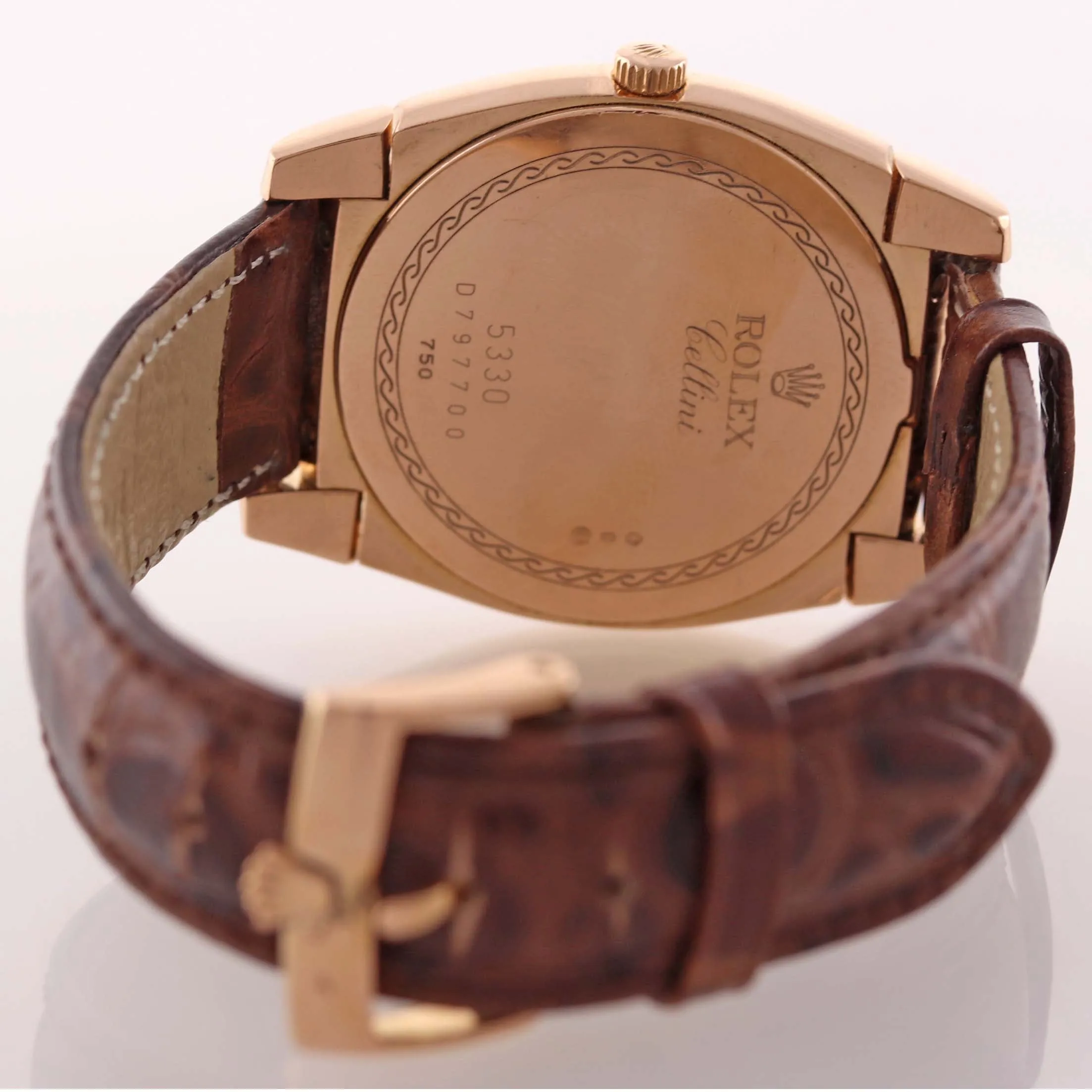 Rolex 5330 Cellini Danaos 18k Rose Gold Blue Grey Dial Brown Leather Watch