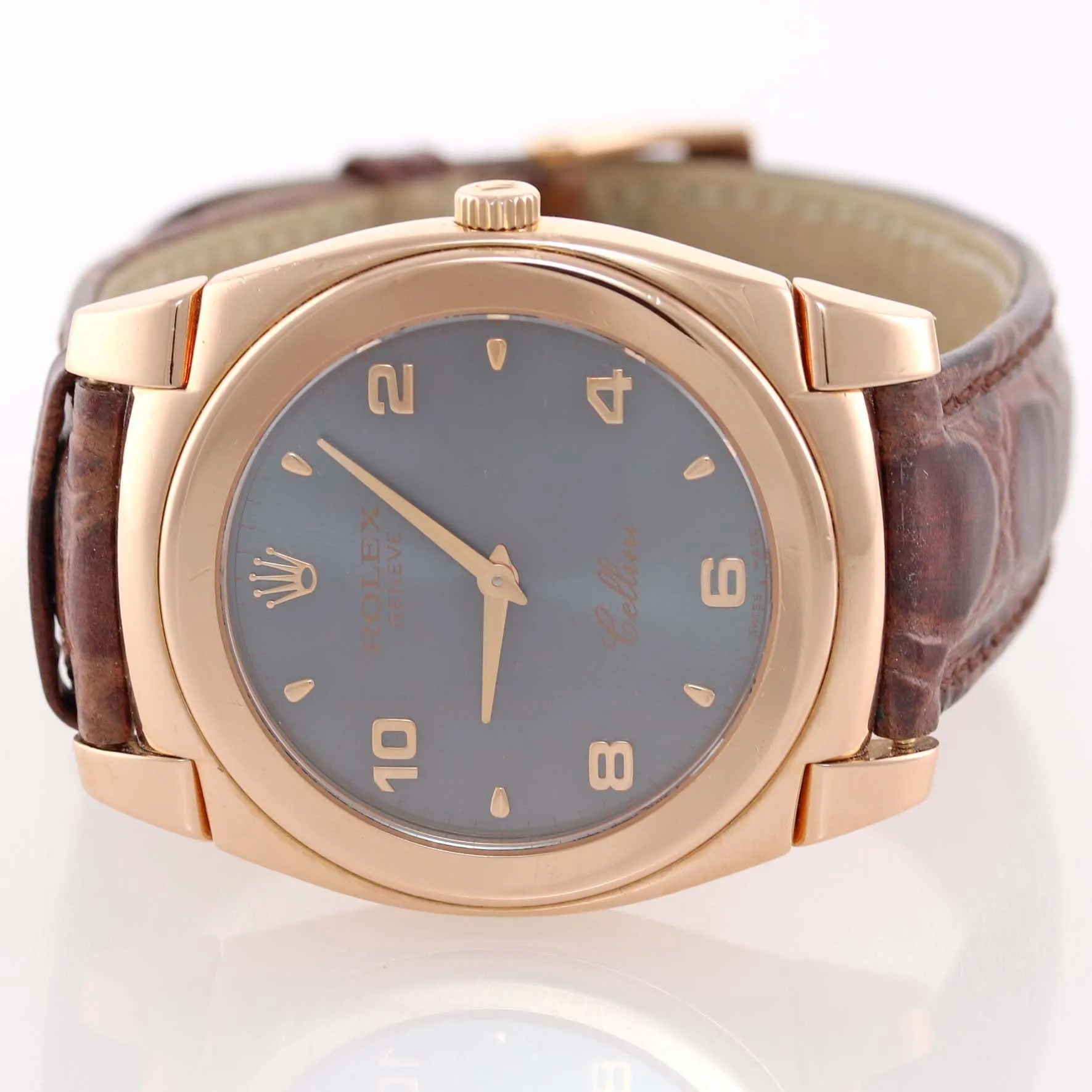 Rolex 5330 Cellini Danaos 18k Rose Gold Blue Grey Dial Brown Leather Watch