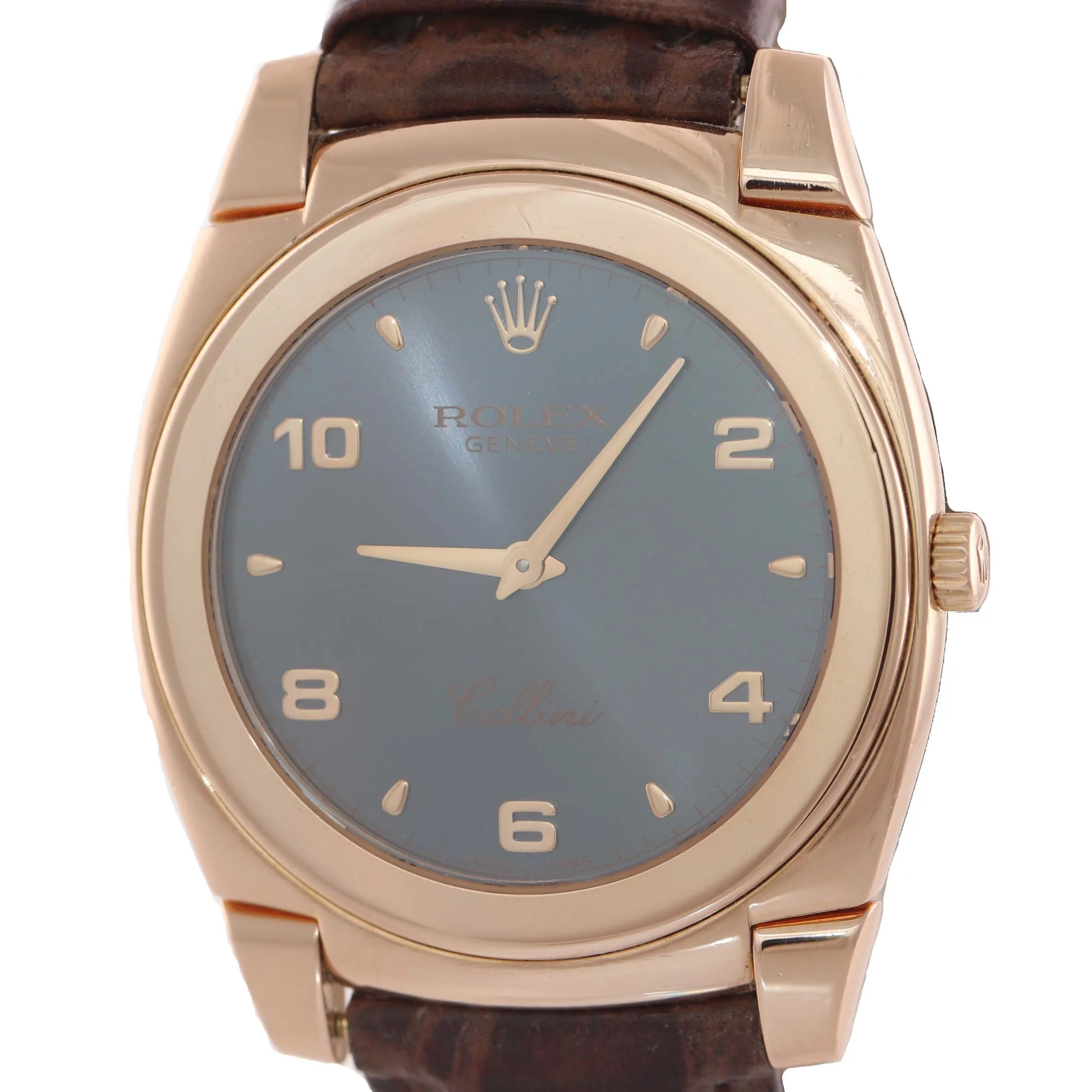 Rolex 5330 Cellini Danaos 18k Rose Gold Blue Grey Dial Brown Leather Watch