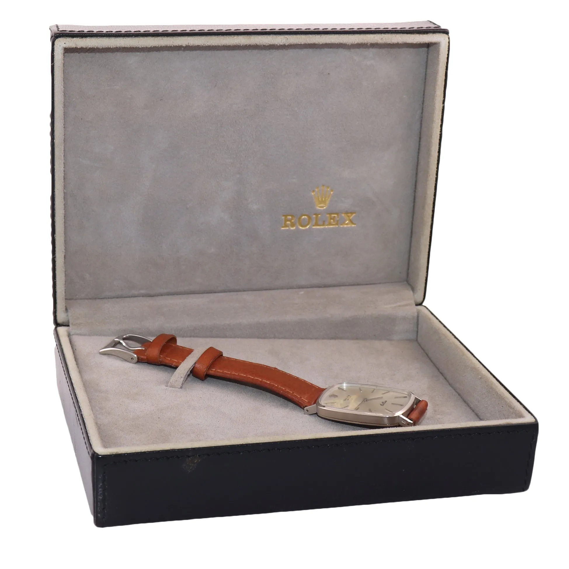 Rolex Cellini Cellini 4113 rectangular 18k White Gold Silver Dial Leather Watch