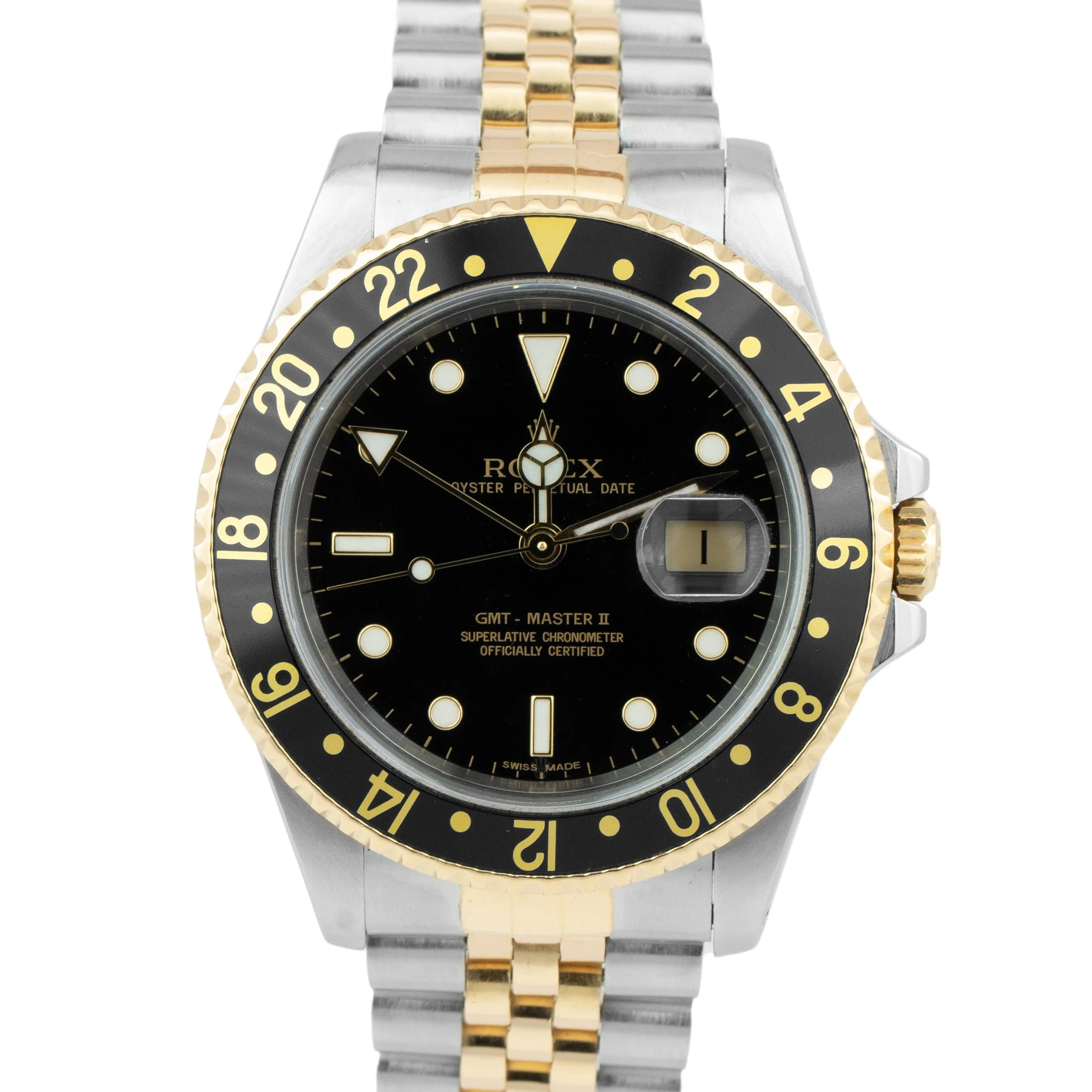 Rolex GMT-Master II Black 40mm Two Tone Gold Steel Jubilee Watch 16713 PAPERS