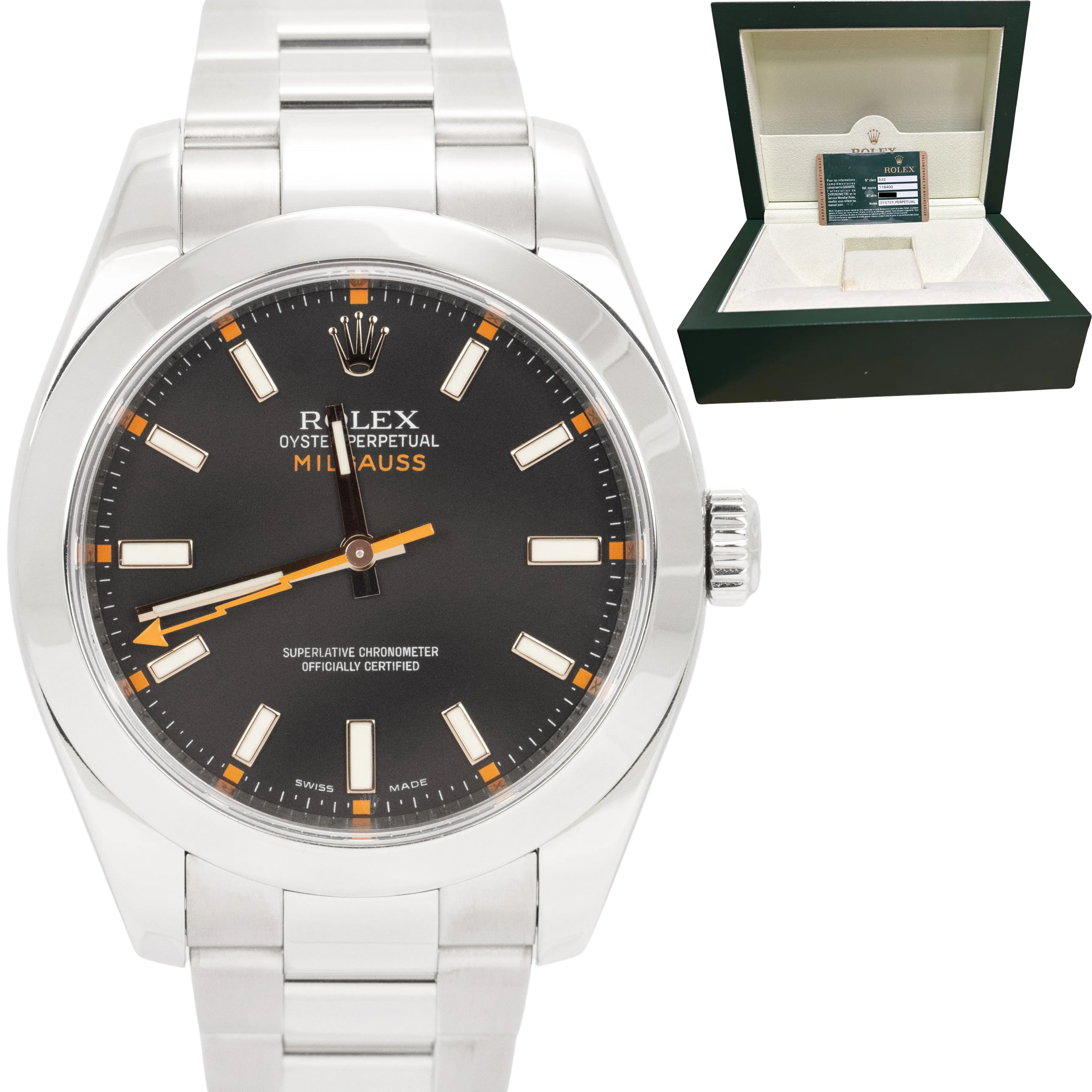 Rolex Milgauss 116400 Black Anti-Magnetic Oyster Stainless Steel 40mm Watch CARD