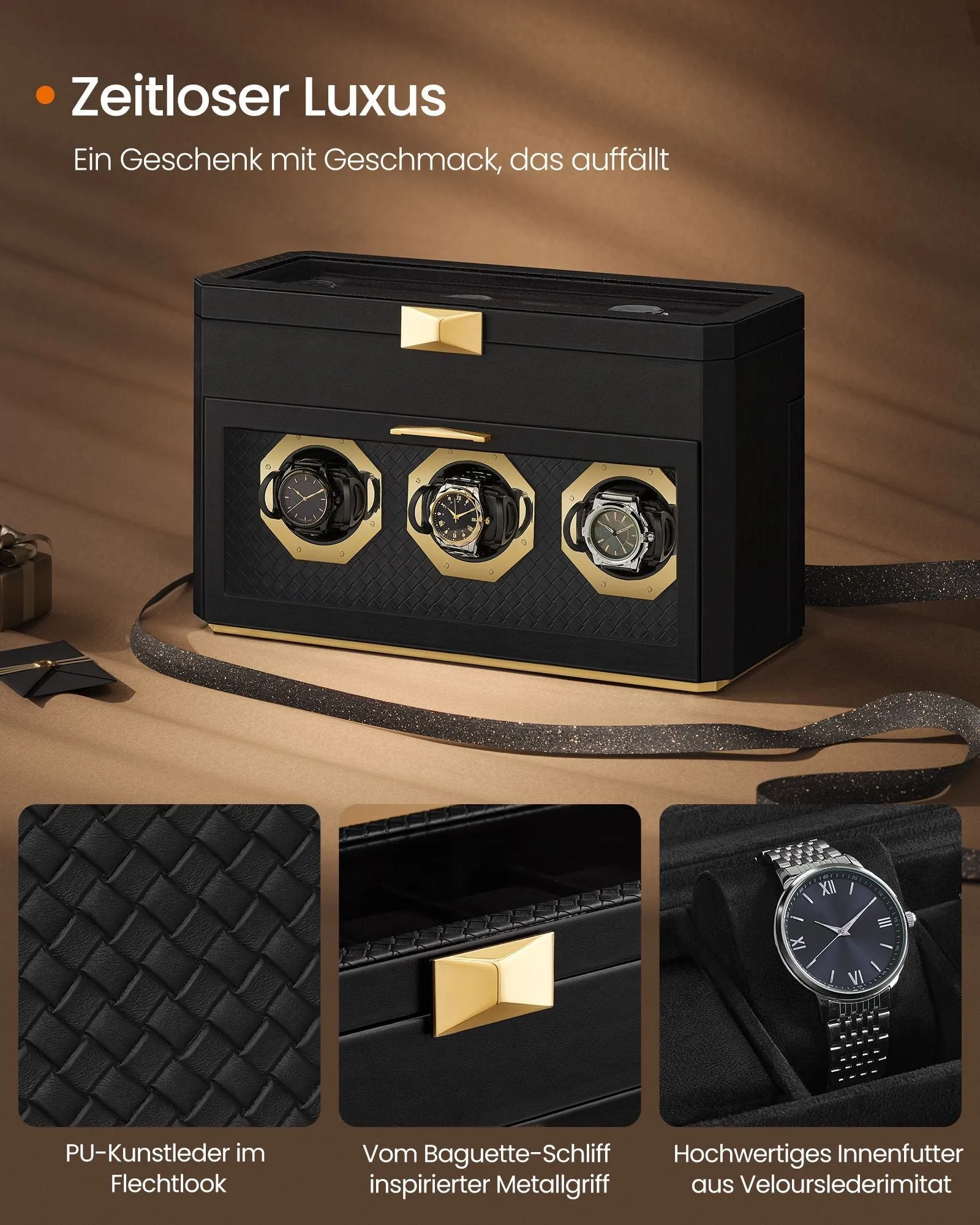 Rootz Watch Box for 9 Watches - Display Case - Jewelry Organizer - Protects Watches - 16.2 x 40 x 25.3 cm - Black