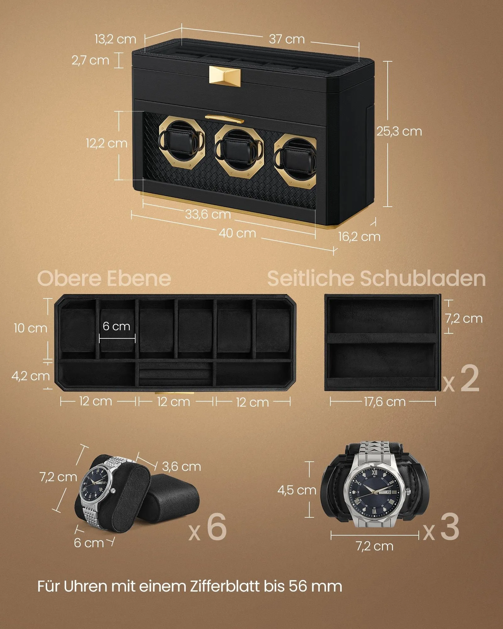 Rootz Watch Box for 9 Watches - Display Case - Jewelry Organizer - Protects Watches - 16.2 x 40 x 25.3 cm - Black