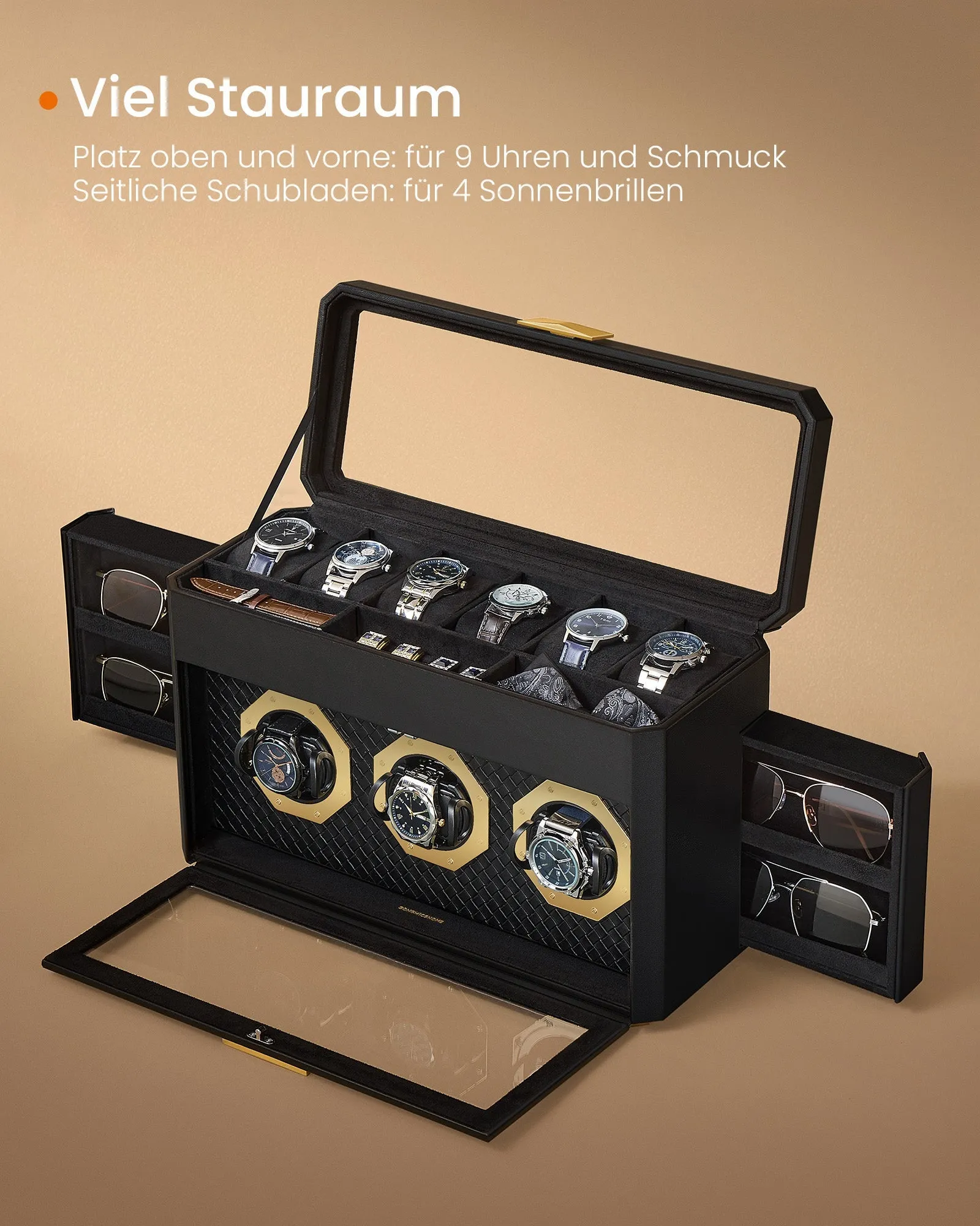 Rootz Watch Box for 9 Watches - Display Case - Organizer - Ink Black Glass Window - PU Leather - 16.2cm x 40cm x 25.3cm