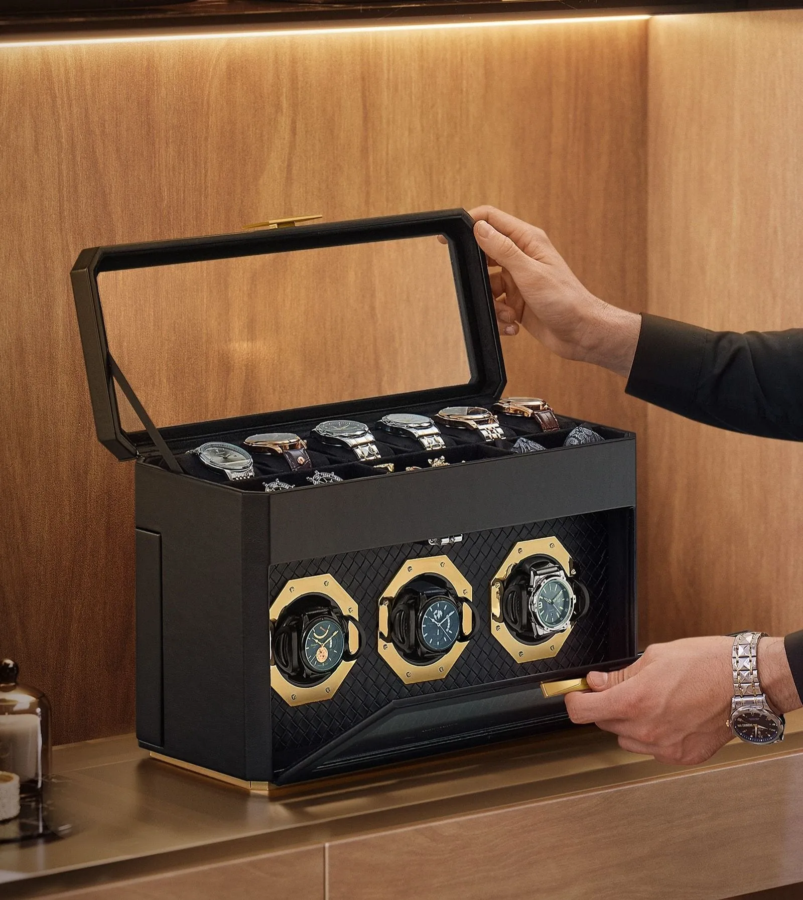 Rootz Watch Box for 9 Watches - Display Case - Organizer - Ink Black Glass Window - PU Leather - 16.2cm x 40cm x 25.3cm