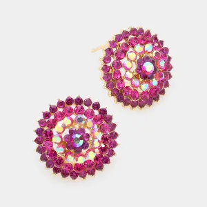 Round Fuchsia Rhinestone Stud Earrings | Interview Earrings |  316802