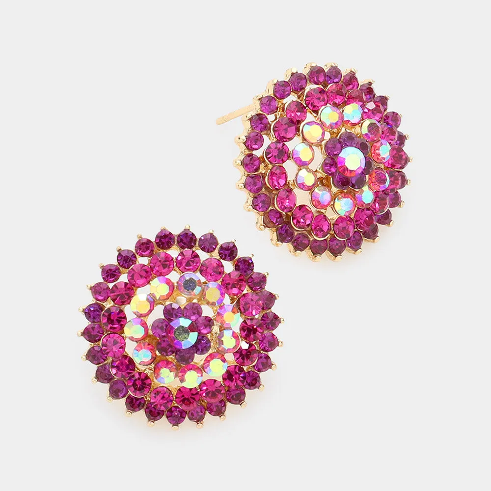 Round Fuchsia Rhinestone Stud Earrings | Interview Earrings |  316802