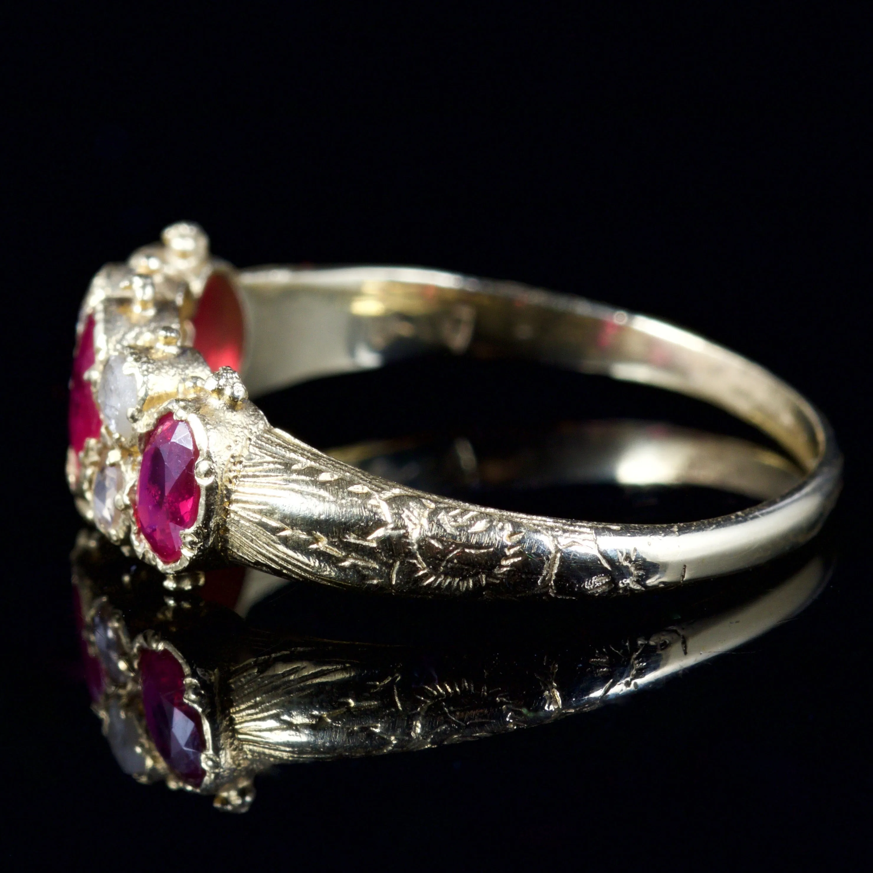 Ruby Diamond Trilogy Ring Rose Cut Diamonds 18Ct Gold