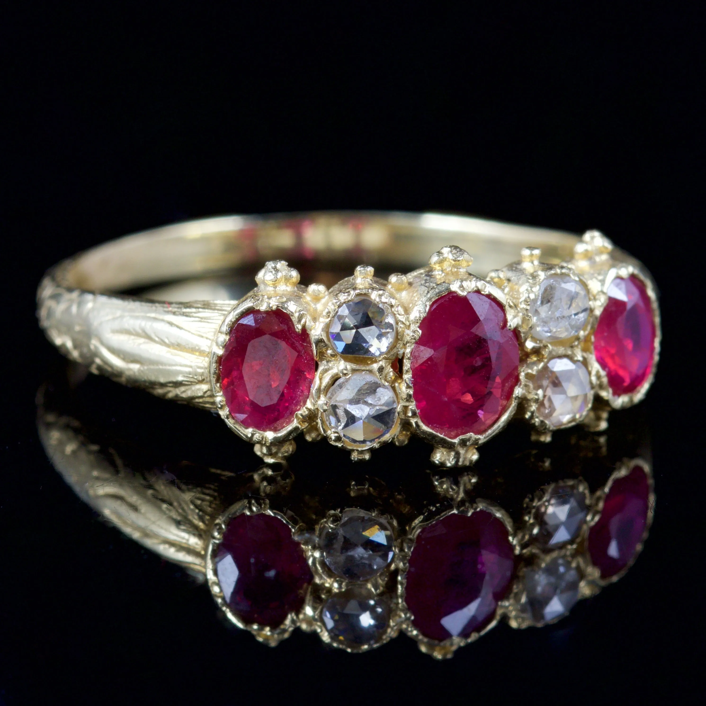 Ruby Diamond Trilogy Ring Rose Cut Diamonds 18Ct Gold