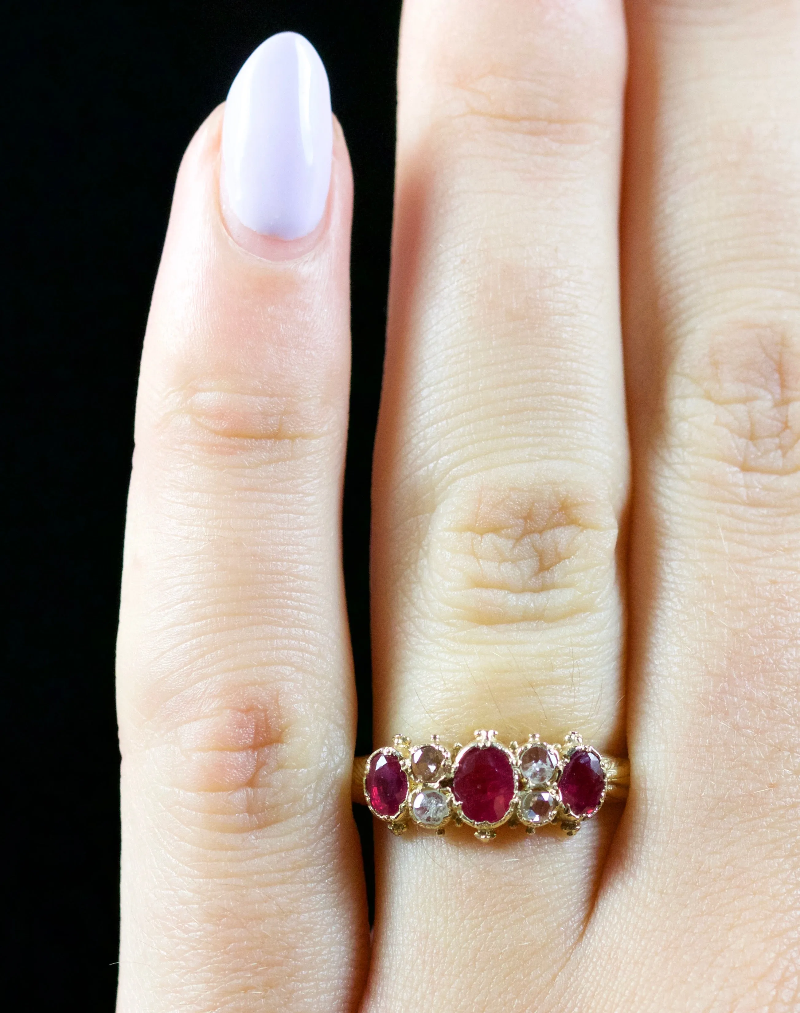 Ruby Diamond Trilogy Ring Rose Cut Diamonds 18Ct Gold