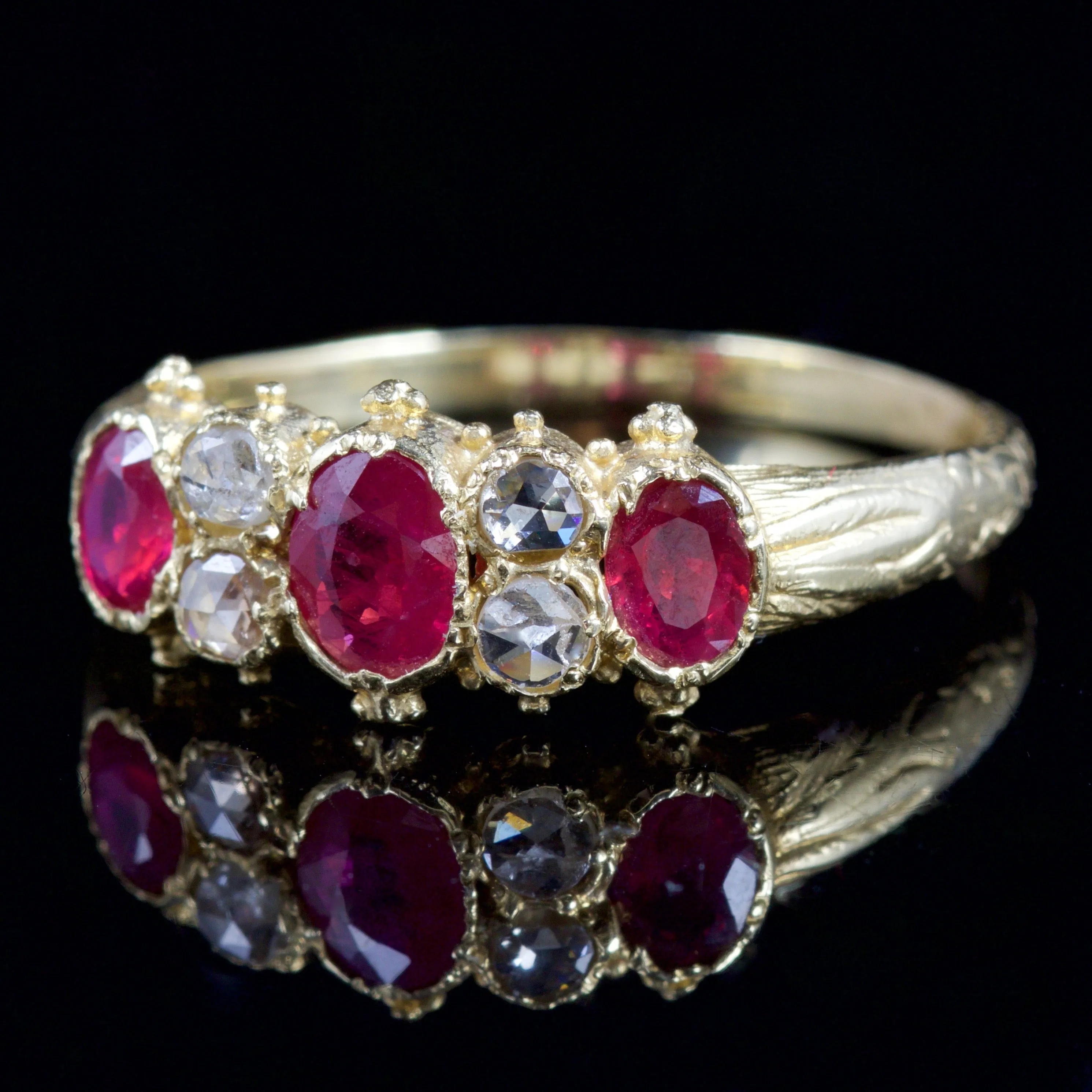 Ruby Diamond Trilogy Ring Rose Cut Diamonds 18Ct Gold