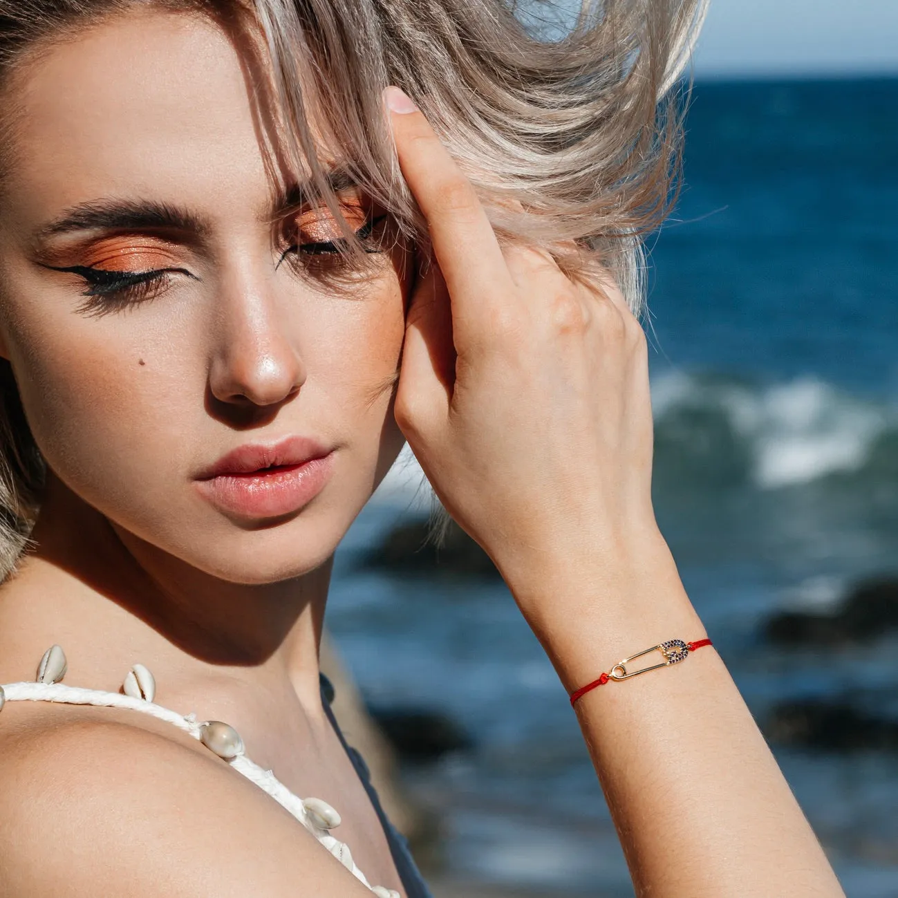 Safety Pin Blue Stones Red String Protection bracelet