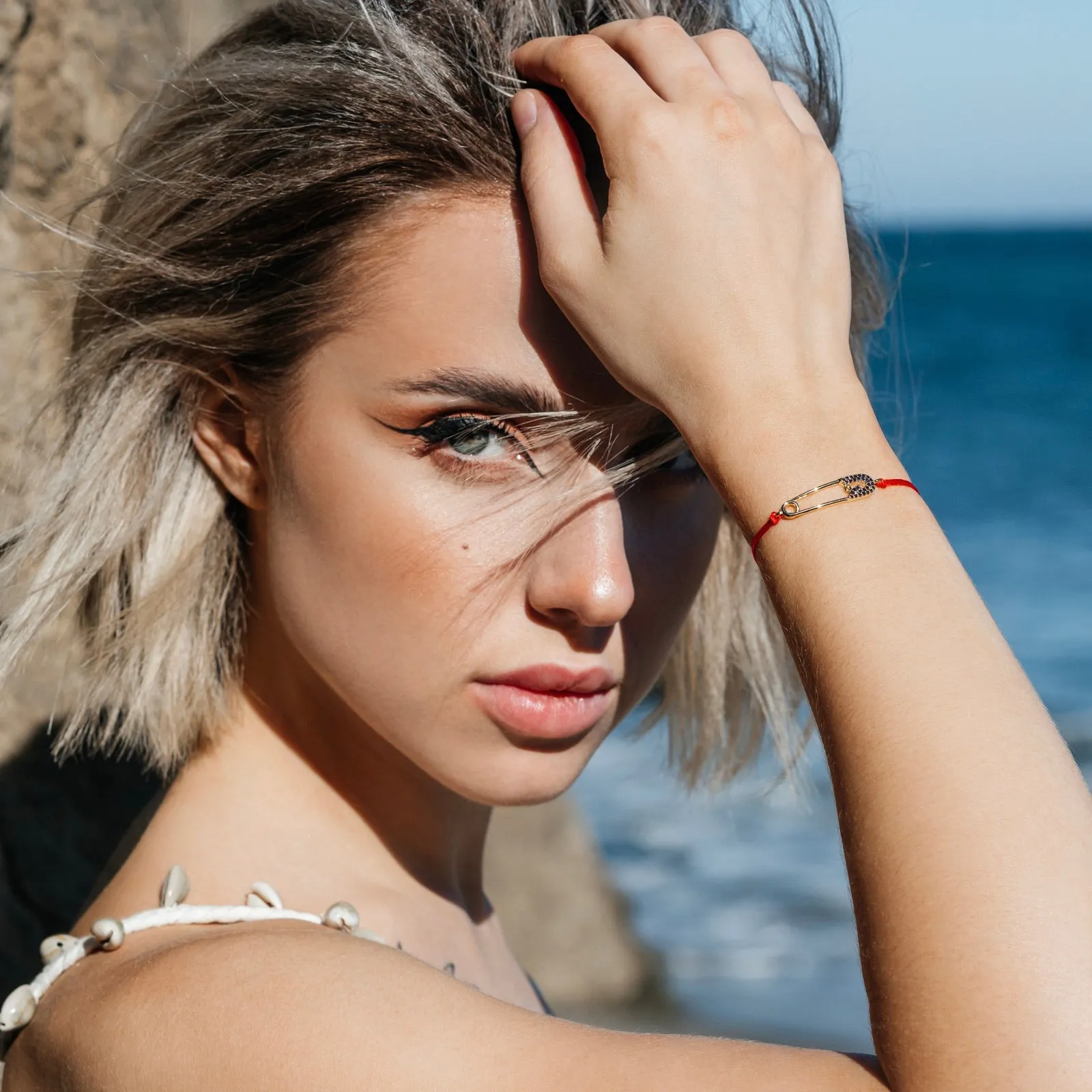 Safety Pin Blue Stones Red String Protection bracelet