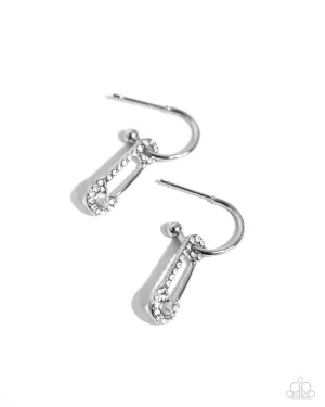 Safety Pin Sentiment - White - Rhinestone Encrusted Paparazzi Drop Hoop Earrings