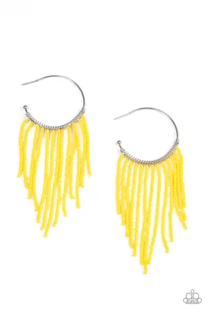 Saguaro Breeze - Yellow - Seed Bead Fringe Paparazzi Hoop Earrings