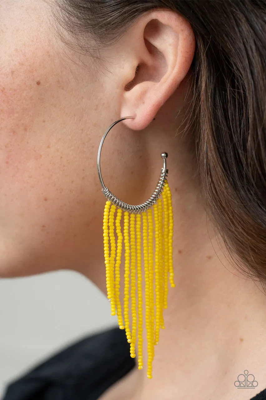 Saguaro Breeze - Yellow - Seed Bead Fringe Paparazzi Hoop Earrings