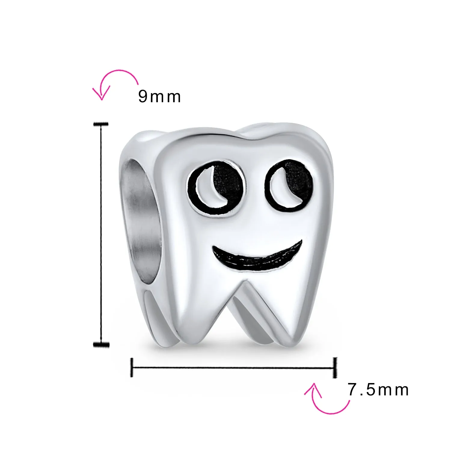 Set of 2 Smiling Tooth and Fairy Dentist Charm Bead Oxidized Sterling Silver