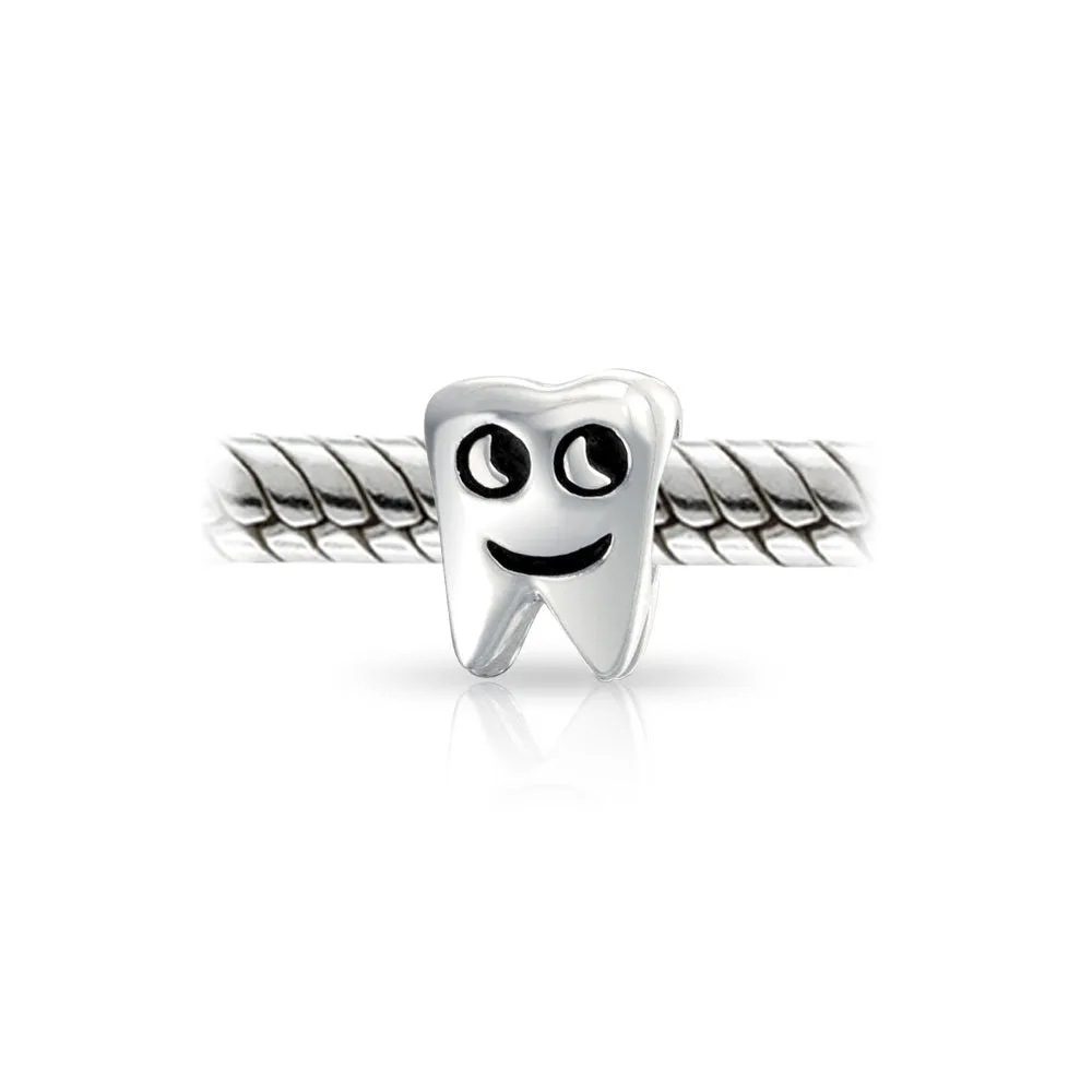 Set of 2 Smiling Tooth and Fairy Dentist Charm Bead Oxidized Sterling Silver