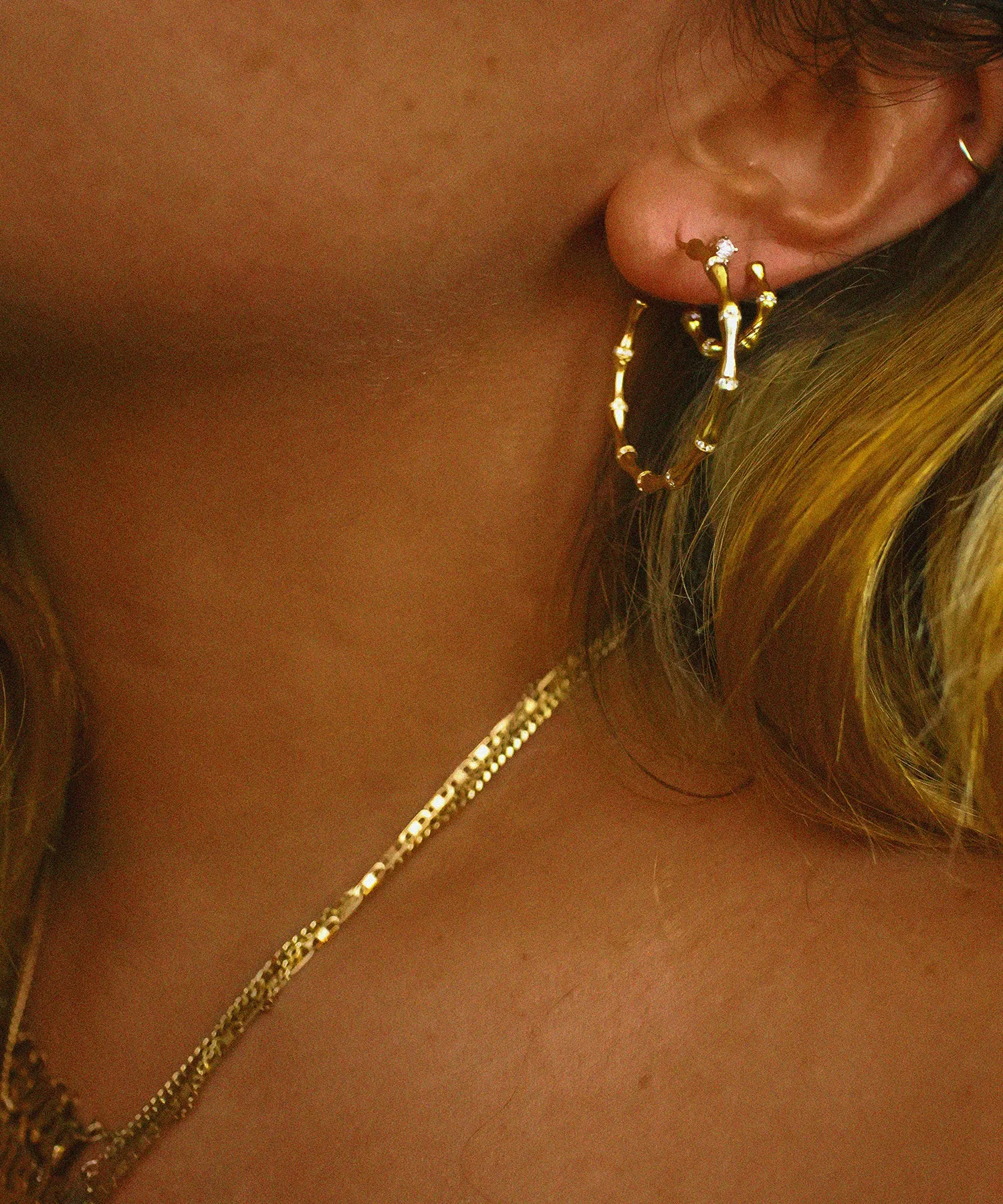 Shami Thin CZ Bamboo Hoop Earrings