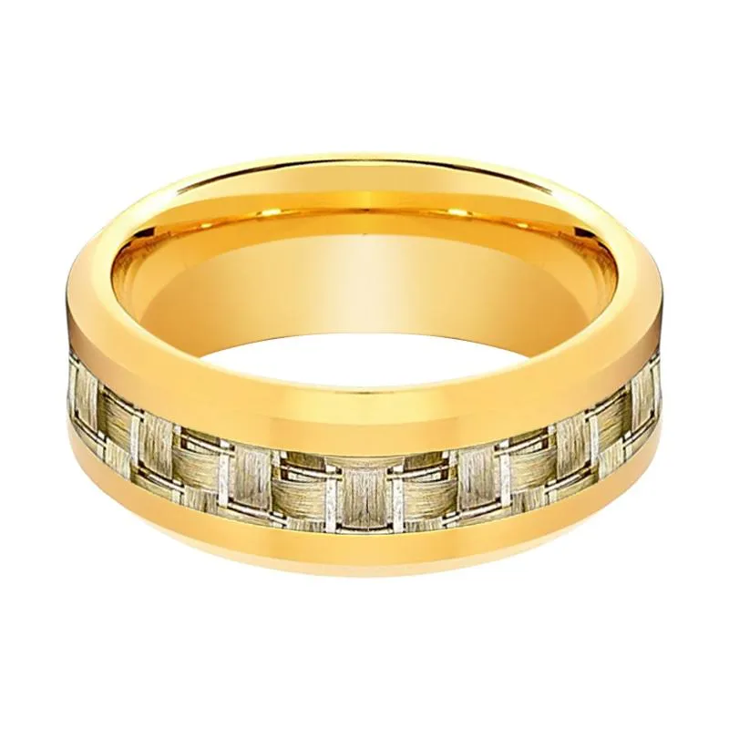 Shiny Polished Yellow Gold Men's Tungsten Wedding Band with Gold Carbon Fiber Inlay - 8MM