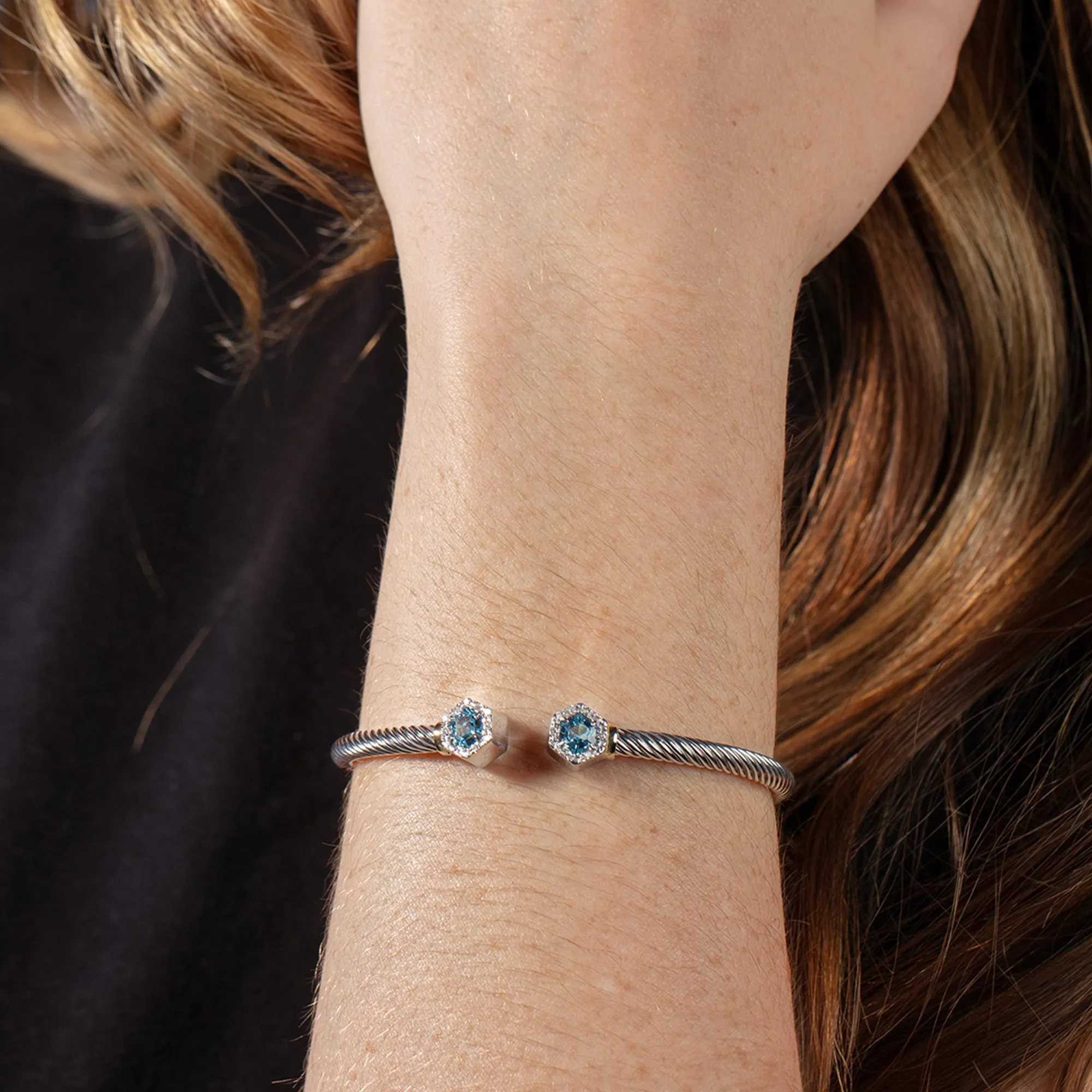 Silver & 18K Hexagon Cable Blue Topaz Bangle