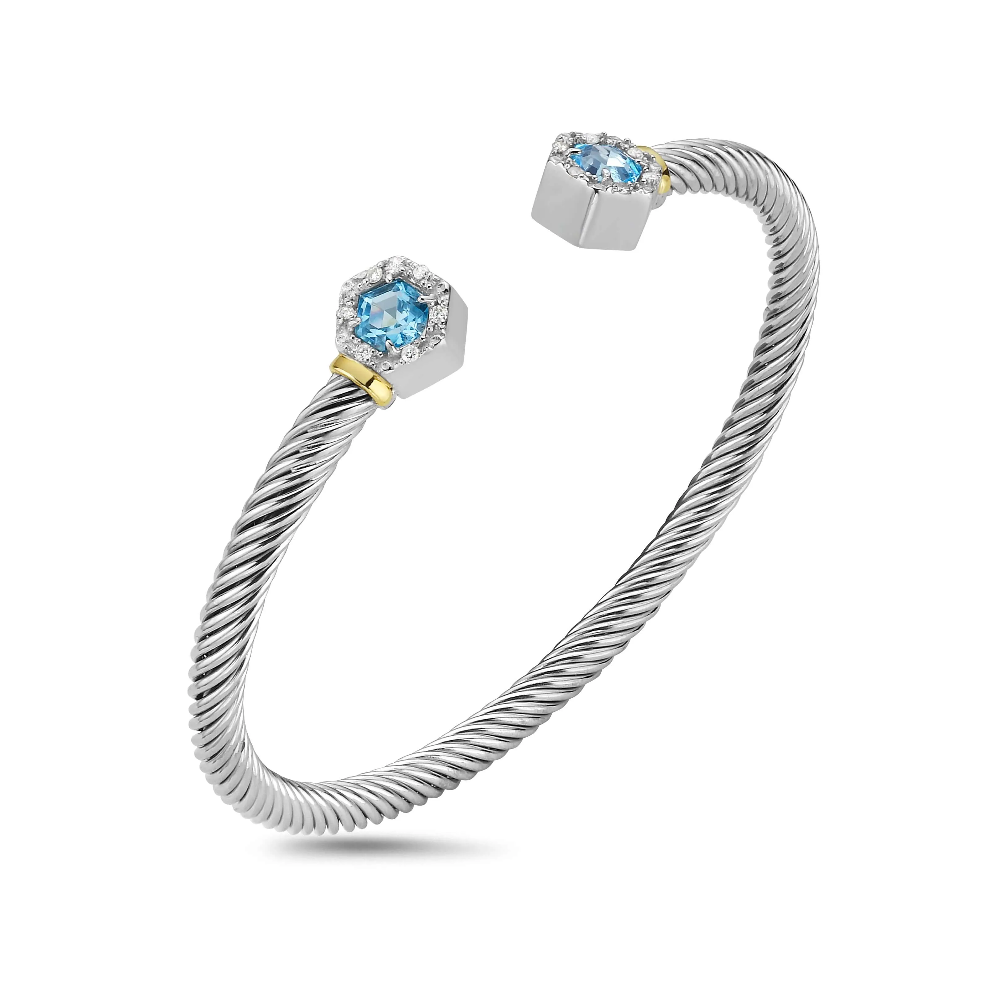 Silver & 18K Hexagon Cable Blue Topaz Bangle