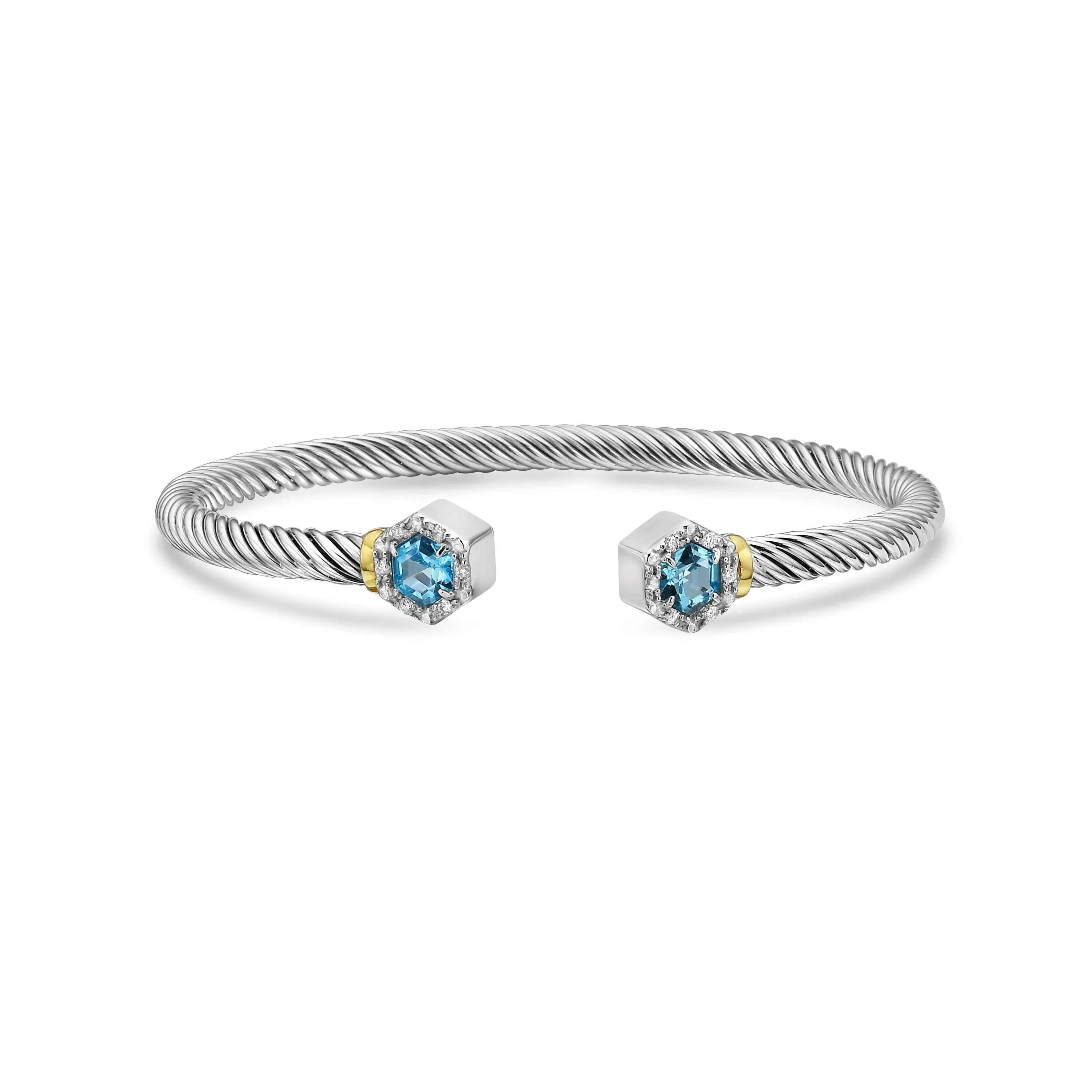 Silver & 18K Hexagon Cable Blue Topaz Bangle