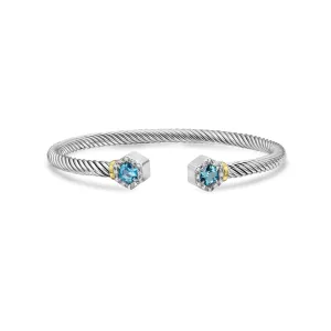 Silver & 18K Hexagon Cable Blue Topaz Bangle
