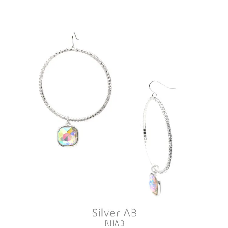Silver Bling Hoop Earrings with AB Dangle BlUE/GREEN Crystal Rhinestone Charm