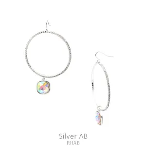 Silver Bling Hoop Earrings with AB Dangle BlUE/GREEN Crystal Rhinestone Charm