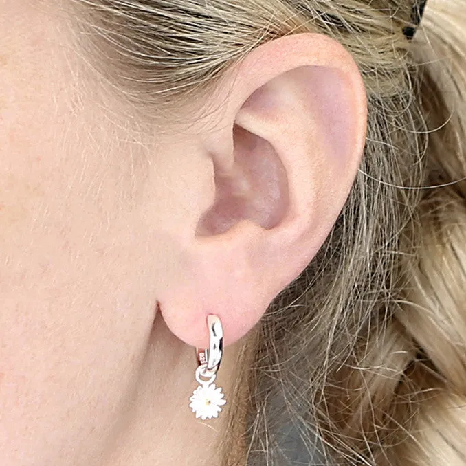 Silver Daisy Charm Hoop Earrings