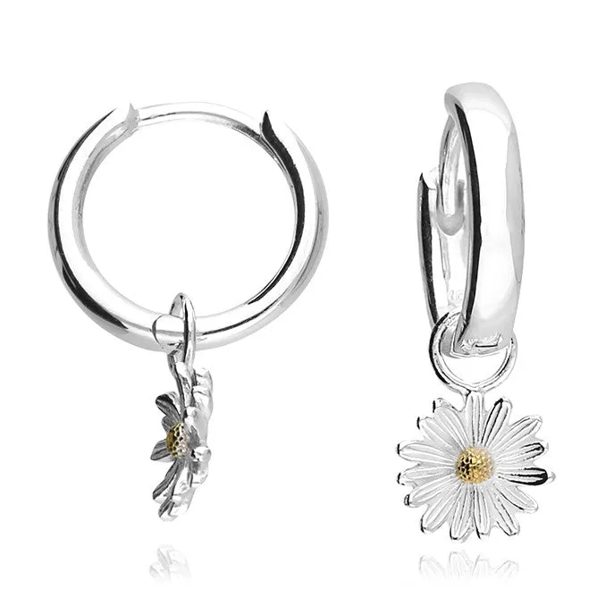 Silver Daisy Charm Hoop Earrings