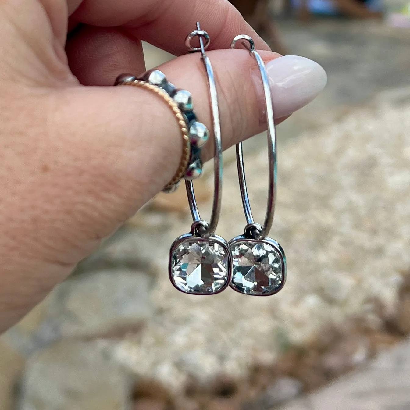 Silver Hoop Earrings with Clear Stones