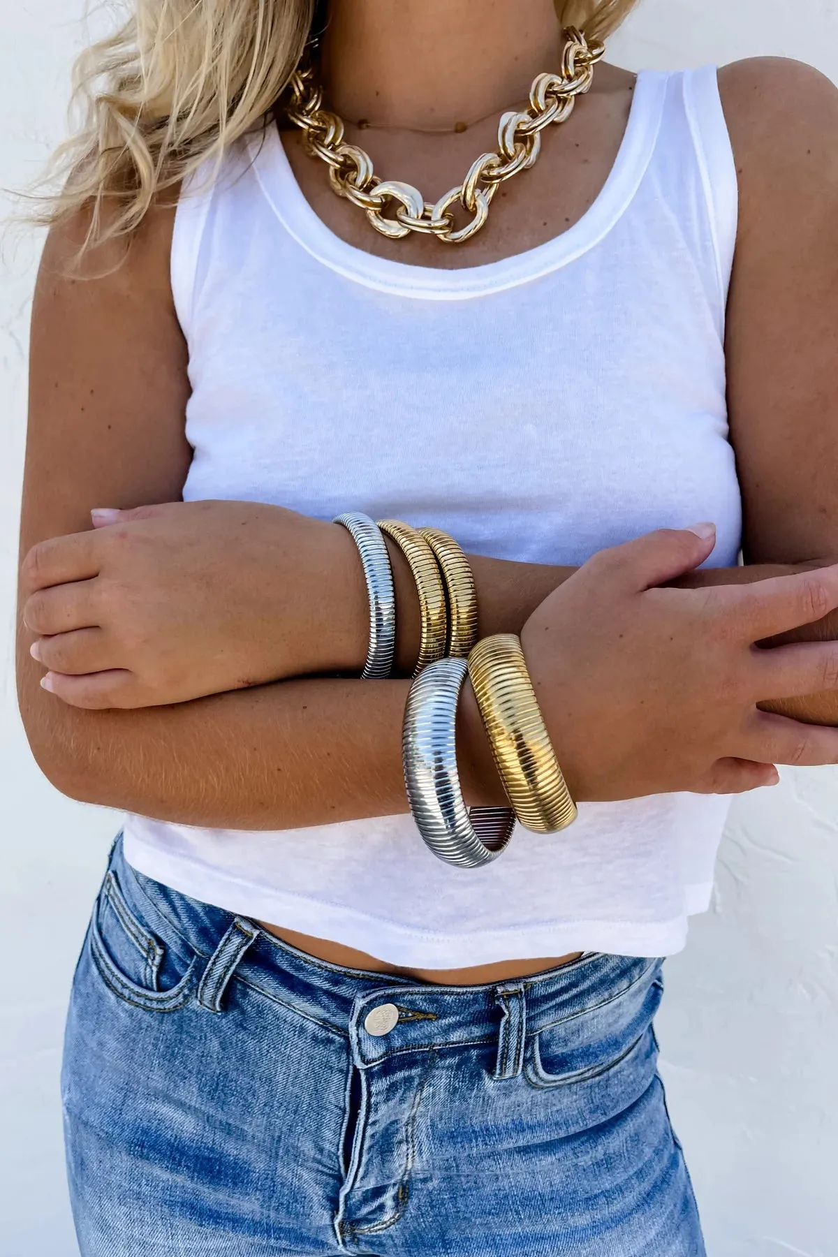 Silver Stretch Bangle Bracelet- Wide